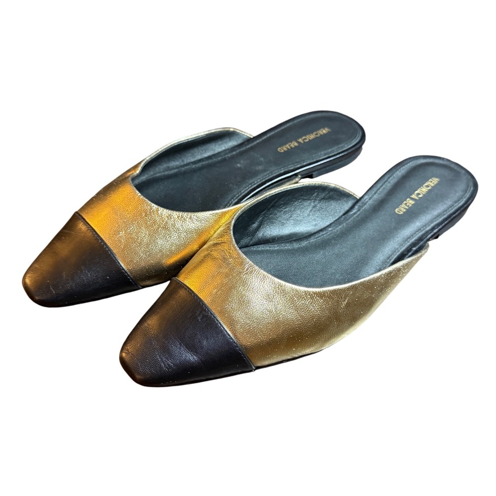 Veronica Beard Carlotta Lamb Leather Flat Mules 9M Gold Black Cap Toe Loafers
